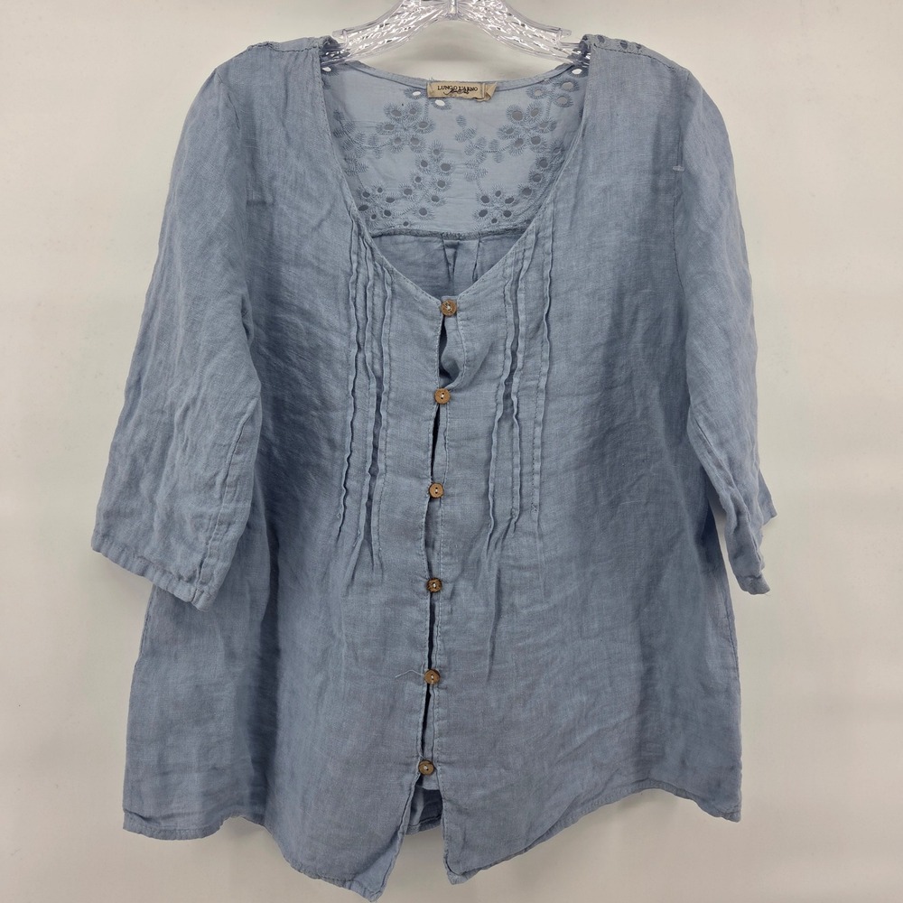 Lungo L'Arno Linen Blouse Small Blue Eyelet Pintuck Lagenlook Cottagecore